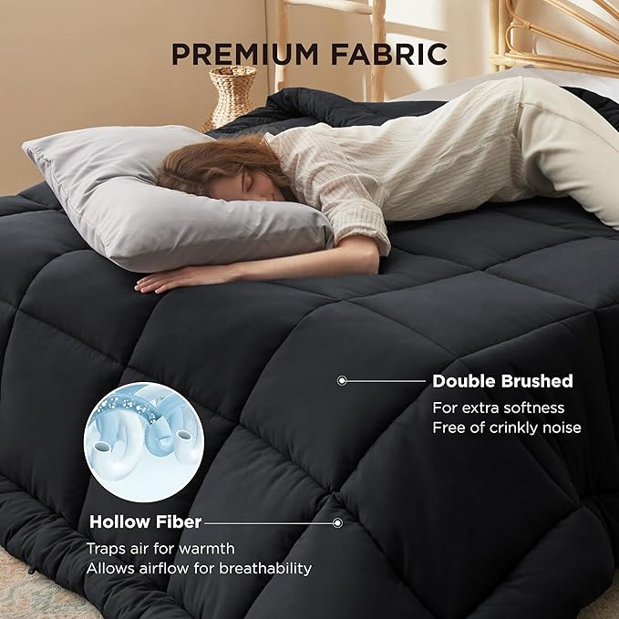 Bedsure Comforter Duvet Insert - Quilted Comforters Full Size, All Season Duvet, GentleSoft Down Alternative Bedding, with 8 Tabs, Gifts for Women/Men, Black, Full 86 x 82 Inches