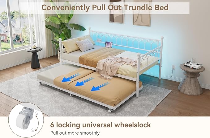 GarveeHome Daybed with Trundle, Metal Twin Trundle Bed with Charging Station & LED Lights, Sofa Beds Frame with Pull Out Bed for Living Room, Guest Room, Apartment, Small Spaces, White