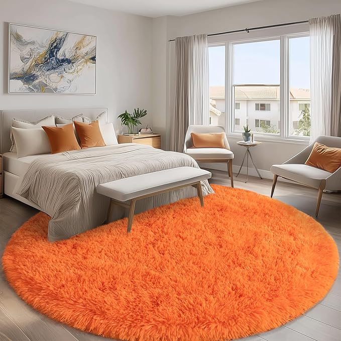 Round Orange Rug for Bedroom, 8 ft Circle Area Rugs for Living Room, Soft Large Fluffy Shag Carpet for Teen Girls Boys Nursery Room Dorm Home Decor Aesthetic