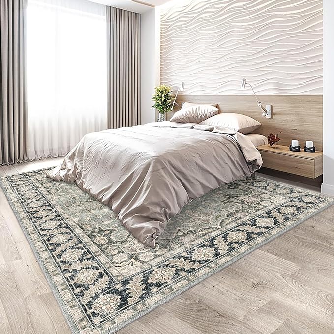 7X9 Area Rugs - 7X9 Washable Area Rug Indoor Vintage Rug Print Rug Low-Pile Floor Carpet for Living Room, Bedroom (Olive Charcoal)
