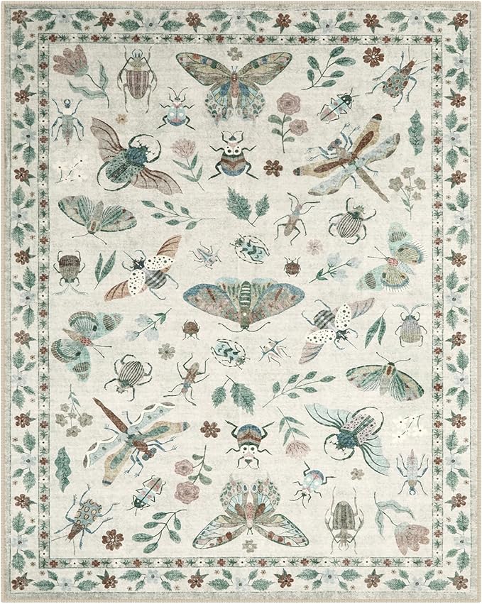 Lahome Insect Print 8x10 Area Rugs, Soft Washable Rugs 8x10 Living Room Rugs for Bedroom Dining Room, Ultra-Thin Modern Rug Stain Resistant Large Accent Carpet for Office Kids Nursery (8'x10',Beige)