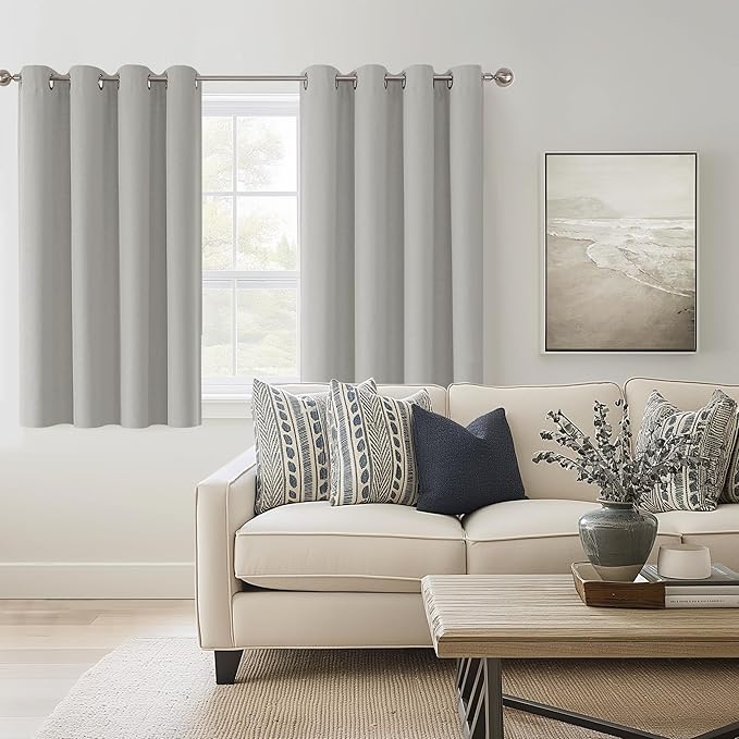 ChrisDowa 100% Blackout Light Grey Solid Curtains 54 Inches Long 2 Panels for Bedroom Living Room,Farmhouse Room Darkening Thermal Insulated Soundproof Grommet Top Window Treatment Drapes,52x54