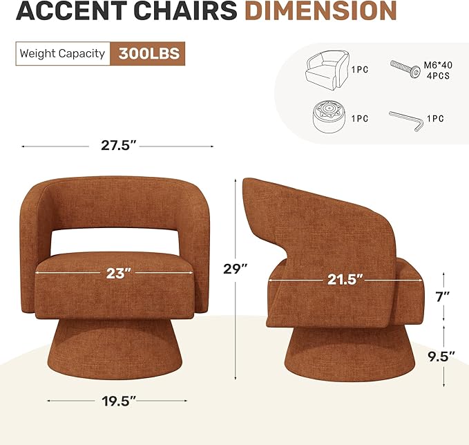 Swivel Accent Chair Set of 4, Modern Comfy Chenille Barrel Chairs, Oversized Upholstered Round Arm Chair for Living Room, Bedroom, Reading Room, Caramel