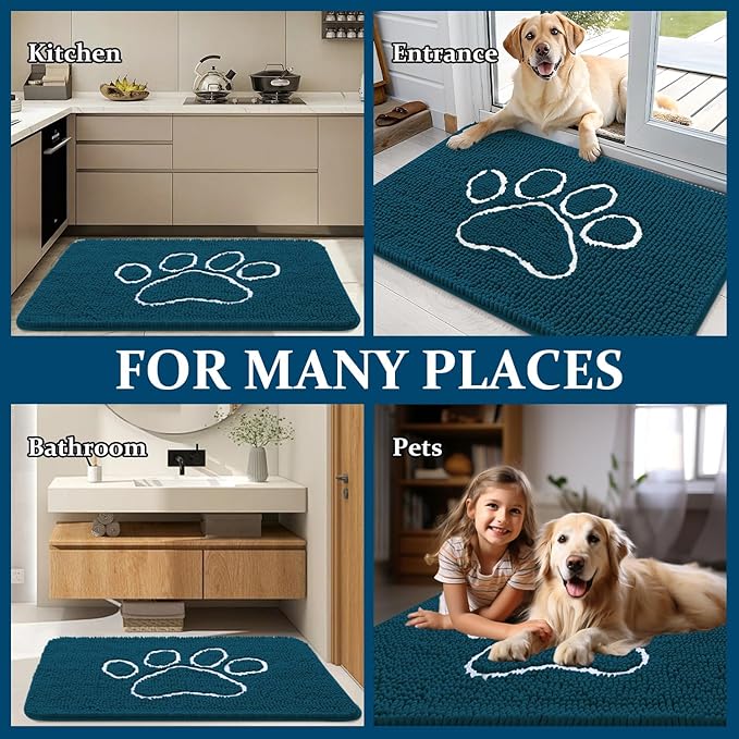 OLANLY Dog Door Mat for Muddy Paws 24x16, Paw Print Design, Absorbs Moisture and Dirt, Absorbent Non-Slip Washable Doormat, Quick Dry Chenille Mud Mat, Entry Indoor Entryway Carpet, Atlantic Blue