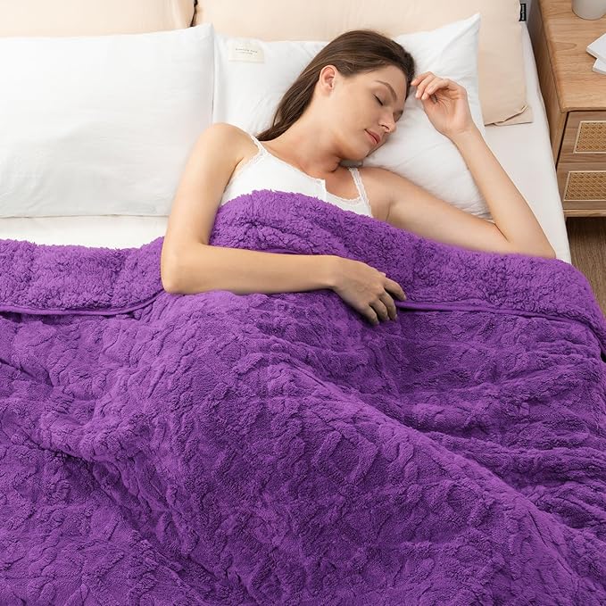Wemore Weighted Blanket for Adults Twin Size 12 lbs, Dual Sided Soft Fuzzy Jacquard Sherpa Weighted Blankets Throw, Cozy Fluffy Knitted Heavy Blanket for Couch Bed, Dark Purple, 48 x 72 inches