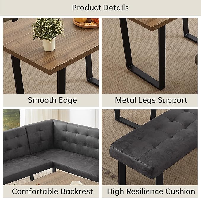 3-Piece Corner Dining Table Set with Bench, 70 Inch Space-Saving Breakfast Nook for Kitchen & Dining Room(Walnut Table & L-Seat Grey Bench)