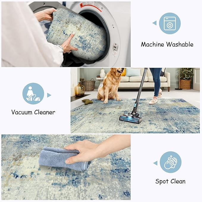 Lahome Modern Abstract 6x9 Area Rugs for Living Room, Washable Accent Bedroom Rug Low Pile Stain Resistant, Blue Soft Indoor Contemporary Carpet for Dining Room Table Apartment