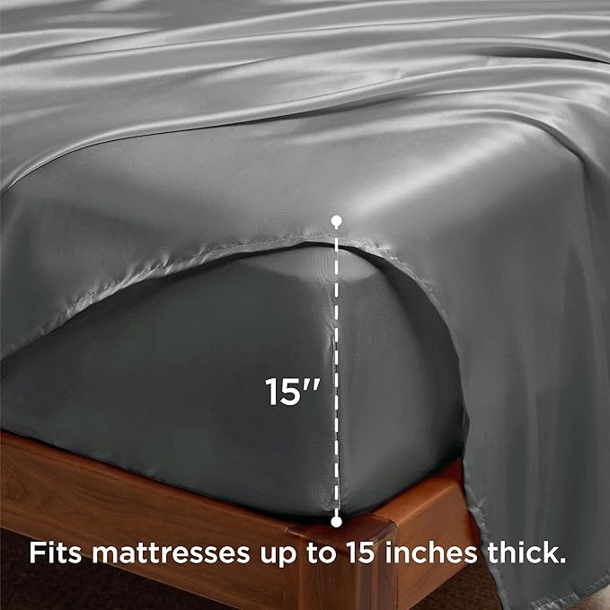 Bedsure Satin Sheets King Size - 4 Piece Silky Bedsheets with 15 Inches Deep Pocket Fitted Bedsheet,1 Flat Sheet, 2 Satin Pillowcases, Good for Hair & Skin (King, Dark Grey)