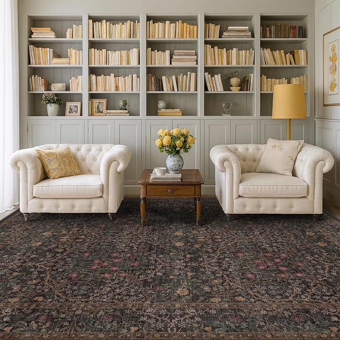 Dark Brown Washable Area Rug for Living Room - 6x9 Oriental Area Rug for Dining Room Under Table, Low Pile Non-Slip Floor Carpet for Bedroom - Vintage Botanical Floral Design & Stain Resistance