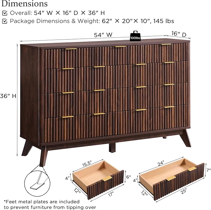 T4TREAM Fluted 9 Drawers Dresser, 54" Wide Modern Chest of Drawers, Curved Profile Design, Dresser TV Stand, Wood Drawer Organizer for Bedroom, Living Room, Hallway, Dark Walnut