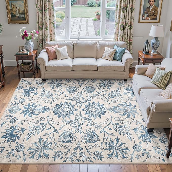 jinchan Torino Floral 8x10 Area Rugs, Vintage-Inspired Design Accent Living Room Rug, Machine Washable Ultra-Thin Low-Pile Non-Slip Traditional Carpet for Bedroom Dining Room Home Office, Dark Blue