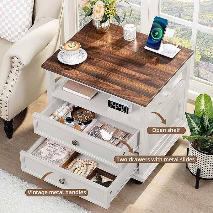 Farmhouse Nightstand with Charging Station, 24" Wide End Table with 2 Drawers,White Wood Dresser for Bedroom, Bed Side Table Chest of Drawers Cabinet,Night Stand for Living Room, Closet