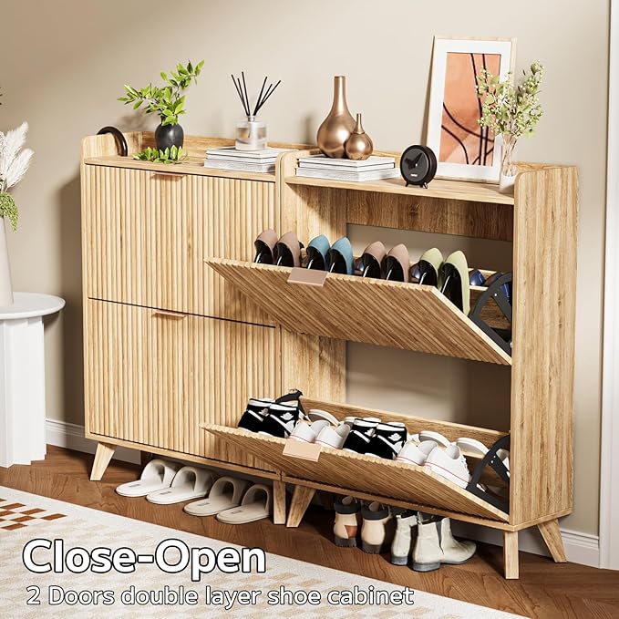 Fluted Shoe Cabinet with 2 Flip Drawers, Mid Century Modern Shoe Storage Cabinet for Entryway, Hidden Shoes Rack Cabinets Free Standing Shoes Organizer for Hallway(Oak)
