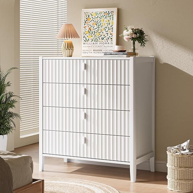 4 Drawer Dresser, Modern Chest of Drawers for Bedroom, Wood Fluted Dresser Organizer with Deep Drawers for Clothes, Nightstand for Bedroom, Hallway, Living Room, Entryway, White