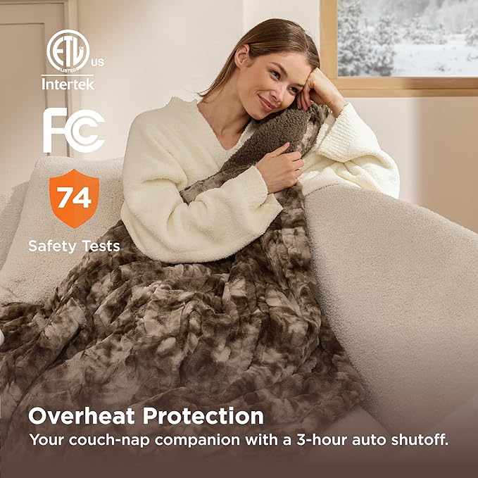 Bedsure Faux Fur Heated Blanket Throw Blanket, Fast Heating Electric Blanket with 6 Heating Levels & 4 Time Settings, Cozy Gifts for Women Men (50x60 inches, Dark Chocolate)