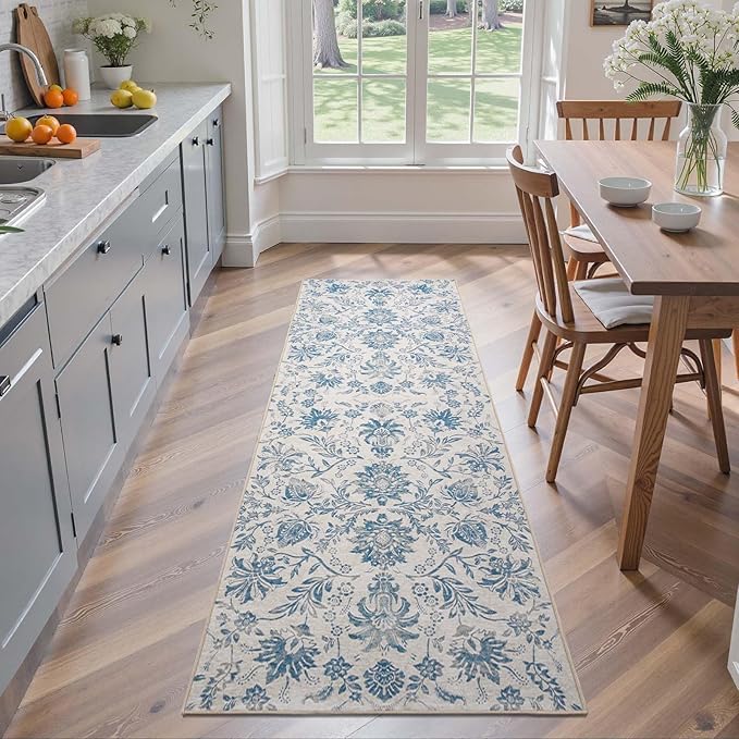jinchan Torino Runner Rugs 2x6, Vintage-Inspired Floral Design Machine Washable Non-Slip Ultra-Thin Low-Pile Rubber Backing Runner Rug for Kitchen Hallway Laundry Room Entryway Dark Blue