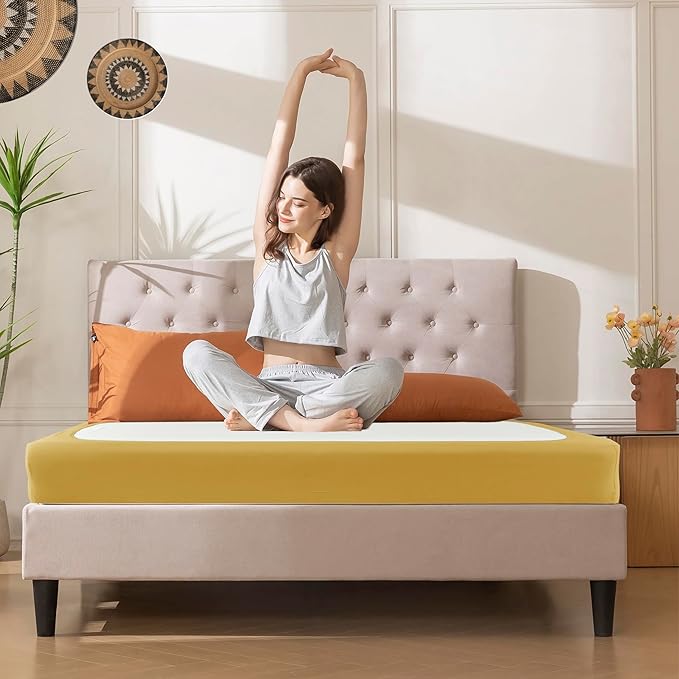 Biscaynebay Decorative Box Spring Cover Full & Full XL Size, Gold Luxurious Jersey Knitting Stretchy Wrap Around 4 Sides Bed Skirt for Home/Hotels, Easy Fit Wrinkle & Fade Free Machine Washable