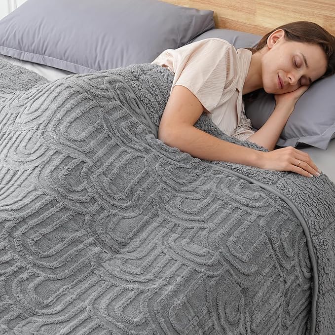 Sherpa Fleece Adult Weighted Blanket Great for Sleep, 15 lbs Dual Sided Soft Fuzzy Heavy Blankets for Couch Bed Sofa, Cozy Warm Fluffy Arched Jacquard Throw for Winter (Grey, 48" x 72", 15 Pounds)