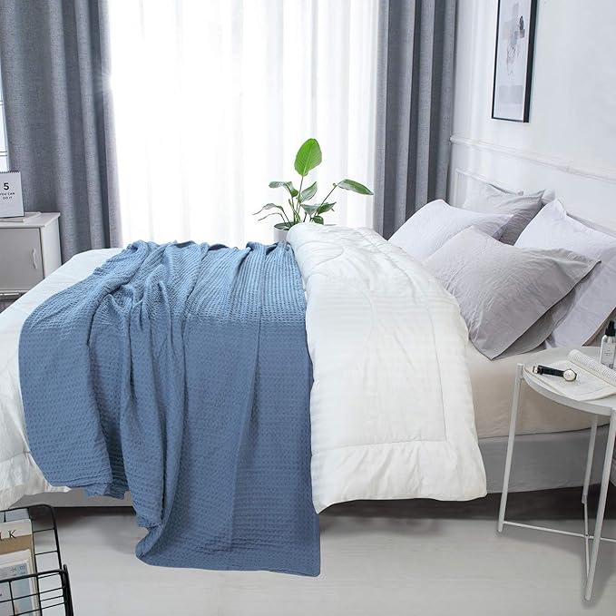 HILLFAIR 100% Combed Cotton Blanket– Twin Size Bed Blankets– Warm Soft All Season Breathable Lightweight Summer Blankets– Waffle Weave Home Decor Bed Blanket- Blue Twin Bed Cotton Blankets/Bedcovers