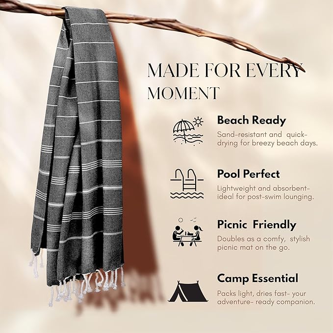 Native Fab Oversized Turkish Beach Towels 4 Pack, Fast Drying, Lightweight, Sand Free, Multipurpose Cotton for Pool, Spa, Travel, Summer - Black, Burgundy, Indigo Blue, Orange