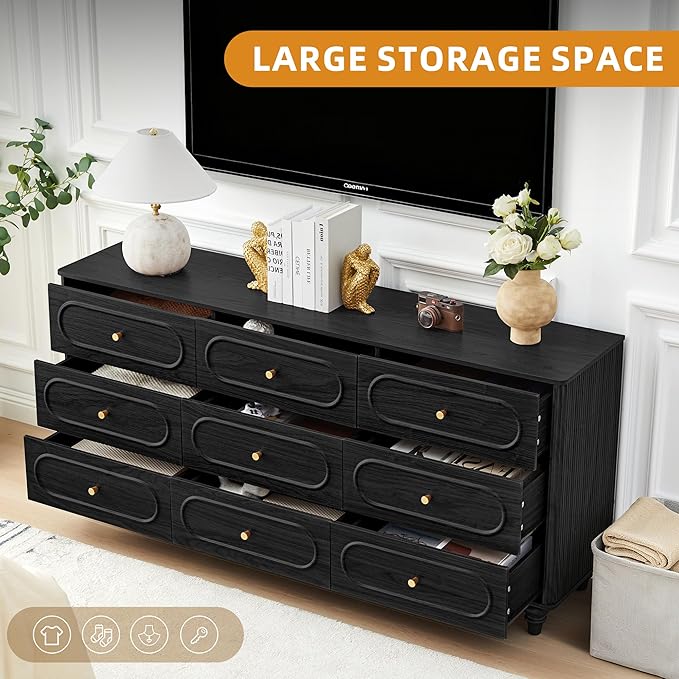 9 Drawer Fluted Dresser for Bedroom, Mid Century Modern Chest of Drawers, Wood Storage Small Dresser Organizer for Bedroom Living Room Hallway Closet, Black