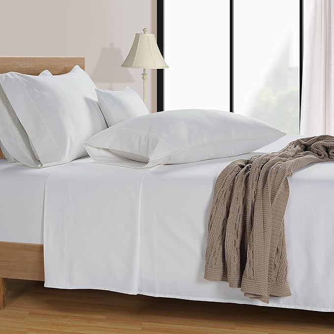 LANE LINEN King Size Sheets Set – 600 Thread Count Long-Staple 100% Cotton Sheets, Naturally Cool & Durable for Everyday Use, 15" Deep Pocket Fitted Sheet with All-Around Elastic for Snug Fit – White