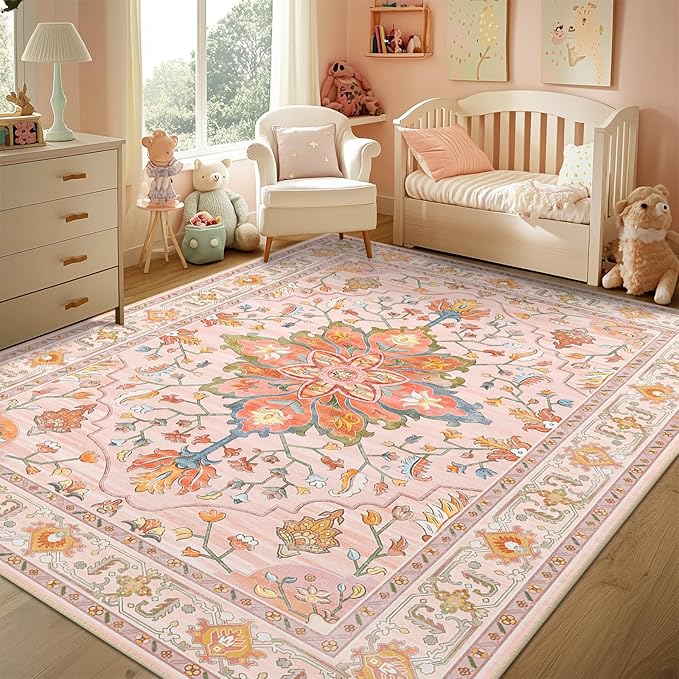 Area Rugs 4'x6' Washable Non-Slip, Floral Vintage Distress Print Pattern Medallion Carpet for Living Room Bedroom Dining Room, Light Pink Colorful