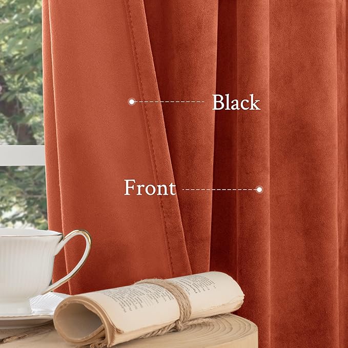 LAMIT Terracotta Velvet Curtains 84 Inch for Living Room, Rust Fall Decor Room Darkening Panels for Farmhouse Thermal Noise Reducing Bedroom Drapes with Back Tab and Rod Pocket, 2 Panels, 52 x 84 Inch