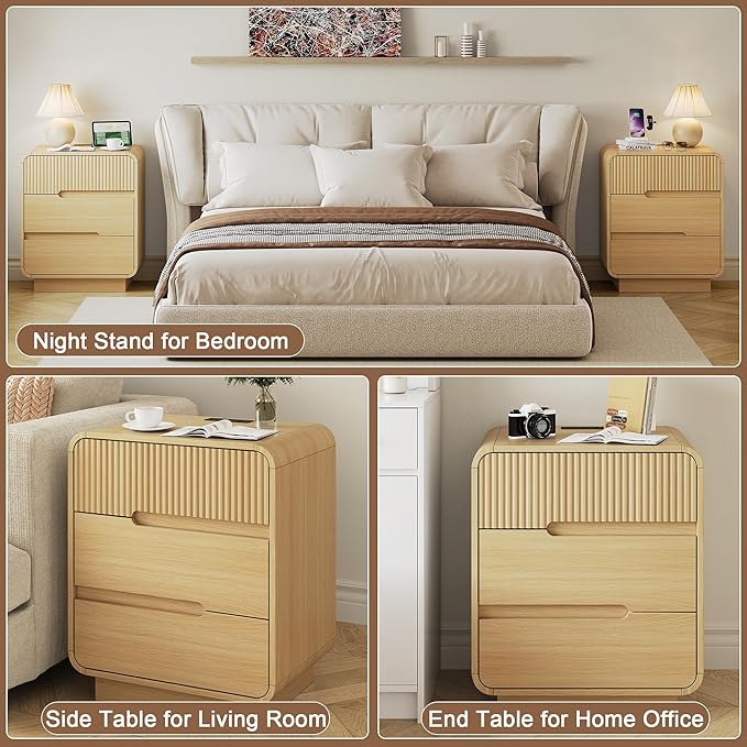 8 Drawer Dresser and 2 Nightstand Sets for Bedroom 3 Pcs Bedroom Set, Modern 39.4" Fluted Dresser with Invisible Handles Nightstand Charging Station, Bedroom Furniture Set for Living Room, Natural