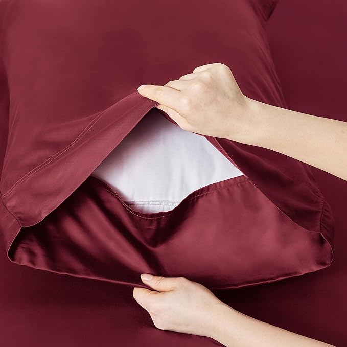Bedsure Queen Sheet Set, Rayon Derived from Bamboo, Cooling Sheets, Breathable & Soft, Deep Pocket Up to 16 Inches, Hotel Luxury Silky Bedding for Hot Sleepers, Burgundy