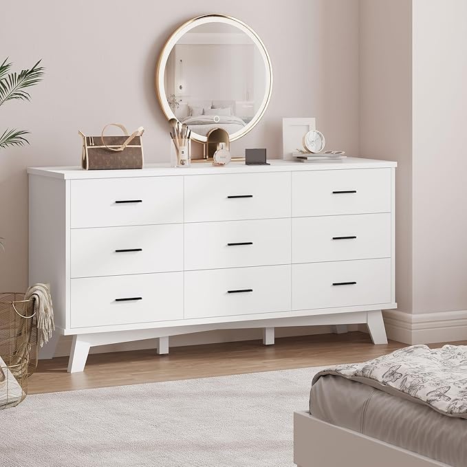 Dresser for Bedroom, 9 Drawer Wide Modern Chest of Drawers with X-Shaped Sturdy Base, Wood Double Dresser Closet Clothes Storage Organizer, Wooden TV Stand for Living Room, Hallway, White