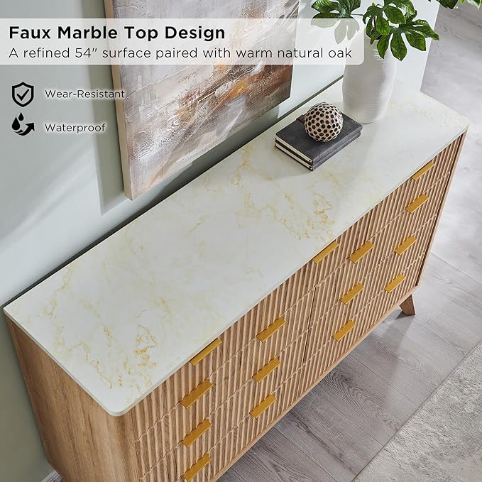 T4TREAM Fluted 9 Drawer Dresser, Modern Chest of Drawers with Faux Marble Top, Curved Profile Design, Dresser TV Stand, Wood Drawer Organizer for Bedroom, Living Room, Hallway, Natural Oak