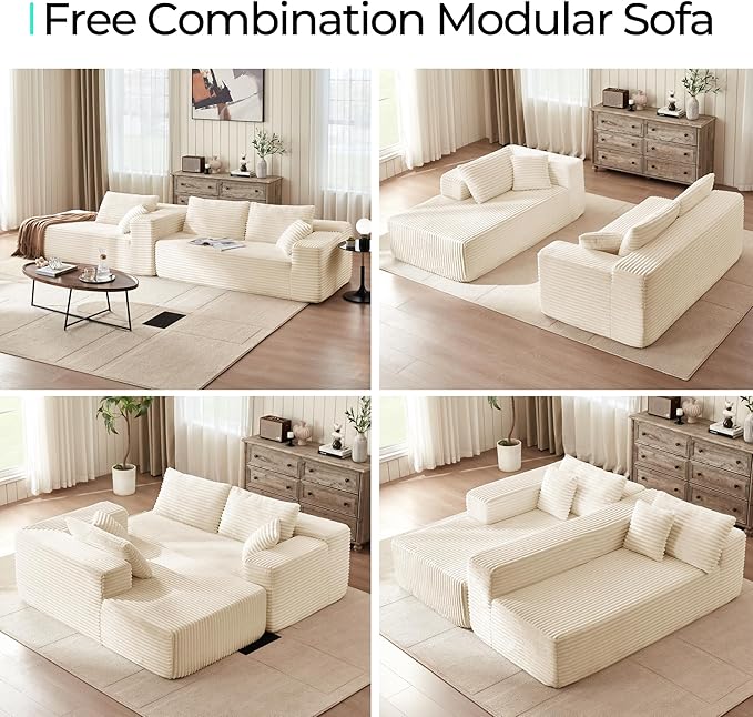 LINSY HOME Modular Sectional Sofa Boneless Cloud Couches for Living Room | Oversized Chaise, Deep Seat, Beige Cloud Couch, Plush Corduroy, L-Shape, No Assembly Required