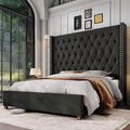 Jocisland California King Bed Frame with 61.4" Tall Wingback Headboard, Velvet Upholstered Platform Bed, Handcrafted Pleats& Deep Button Tufted, Solid Wood Legs, No Box Spring Required, Black