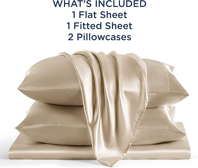 Bedsure Satin Sheets King Size - 4 Piece Silky Bedsheets with 15 Inches Deep Pocket Fitted Bedsheet,1 Flat Sheet, 2 Satin Pillowcases, Good for Hair & Skin (King, Khaki)