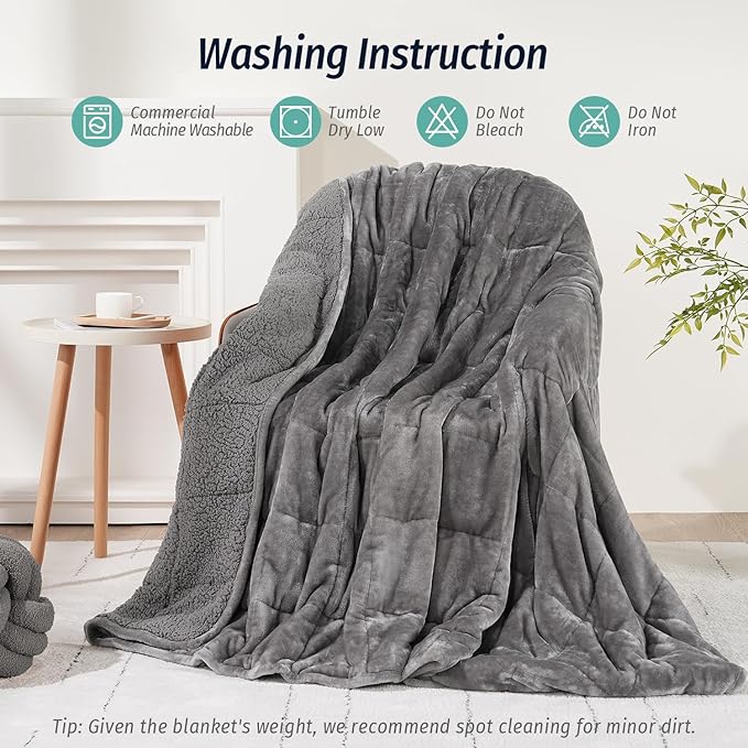 Wemore Sherpa Fleece Weighted Blanket for Adult, 15 lbs Dual Sided Cozy Fluffy Heavy Blanket, Ultra Fuzzy Throw Blanket with Soft Plush Flannel Top, 60 x 80 inches Grey on Both Sides