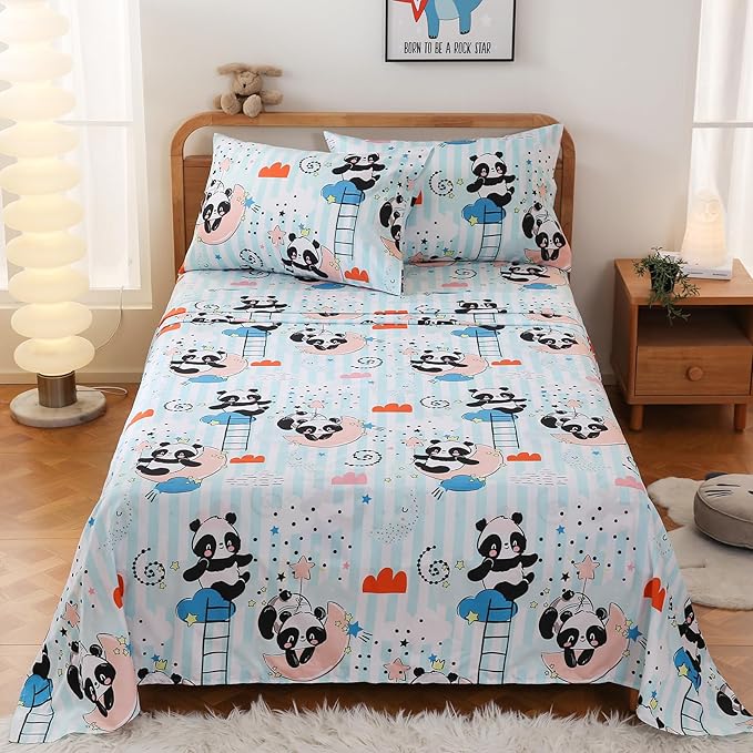 JSD Panda Kids Sheet Set Twin Size, 3 Piece Blue Moon Stars Printed Microfiber Bed Sheets Deep Pocket