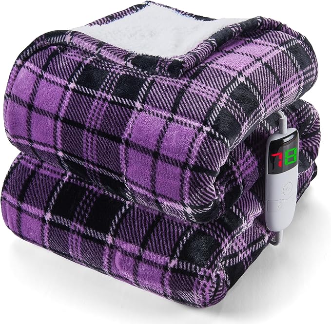 OCTROT Heated Blanket Electric, Twin Size 62X84, Heating Blanket with 10 Heating Levels & 8 Hours Auto Off, Purple Checkered Plaid Sherpa Blankets Warmer for Adults, Fast Heating and Washable