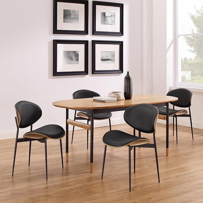 Art Leon Genuine Leather Dining Chairs Set of 4, Mid Century Modern, Upholstered Kitchen Dining Room, Armless Accent with Walnut Bendwood, Brown