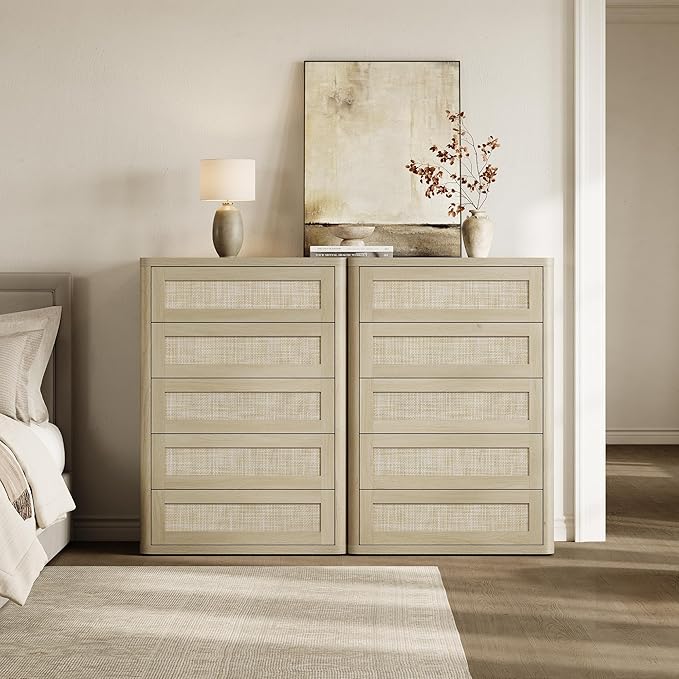 SICOTAS Tall Dresser for Bedroom - Rattan 5 Drawer Dressers Chest of Drawers with Push-to-Open Design, Boho Extra Deep Clothes Dresser with Large Storage for Closet, Living Room, Sand Oak, 2PCS