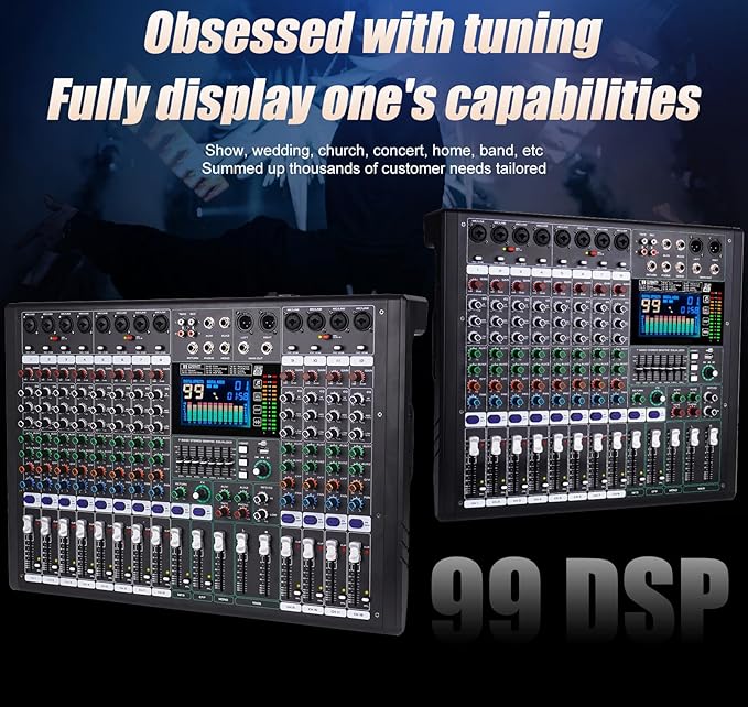 GF12 Multifunction 12 Channel Audio Mixer Stage Performance Mixer Isolated Independent Mute Built-in 7 Level Equalizer and 99 Reverb DJ Mixer for Stage Performance/Karaoke/DJ Music