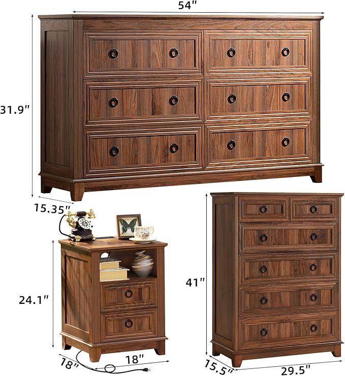 Bedroom Dresser and Nightstand Sets 4 Piece, Farmhouse 6 Drawers Dresser & 40.5" Tall Chest of Drawers,18" Nightstands with Charging Station,54" Wide Furniture Dressers for Bedroom,Living Room