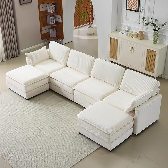 Plush Cloud 3-Seater Sofa with 2 Footstools and Beige Chenille Cushions, Modular 4-Seater Sofa for Small Space Apartment Living Room Bedroom
