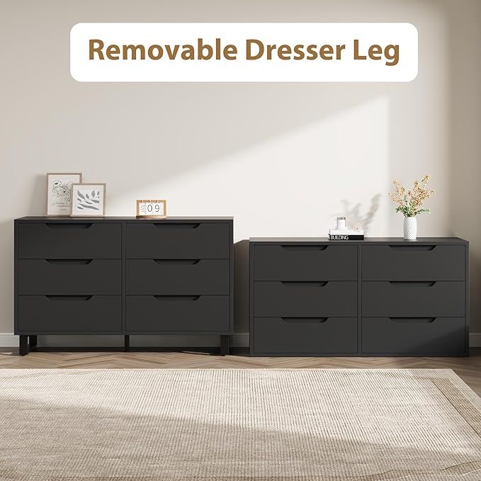 GarveeHome 6 Dresser for Bedroom, 47.2 in Wide Dresser, Freestanding Vertical Drawer Cabinet with Storage, Wooden Closet Storage Chest for Living Room, Hallway, Entryway, Black