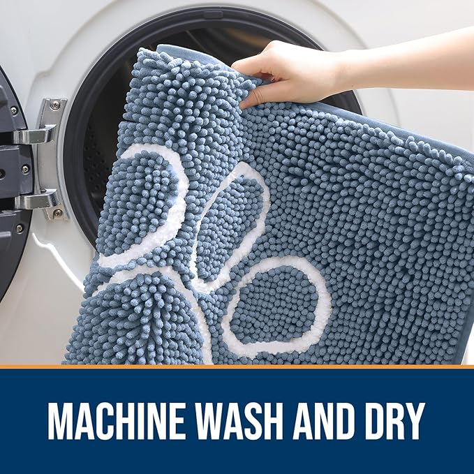 OLANLY Dog Door Mat for Muddy Paws 24x16, Paw Print Design, Absorbs Moisture and Dirt, Non-Slip Washable Doormat, Quick Dry Chenille Mud Mat, Entry Indoor Entryway Carpet, Airy Blue and White