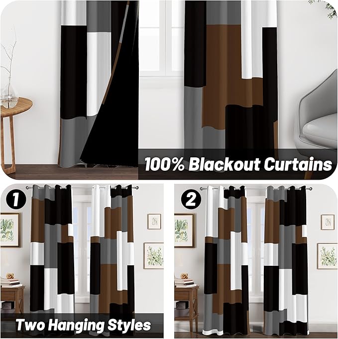 Brown 100% Blackout Curtains for Bedroom 96 inch Long 2 Panels Set Black White Gray Modern Abstract Geometric Black Out Curtains Insulated Room Darkening Window Drapes for Living Room, 52Wx96L