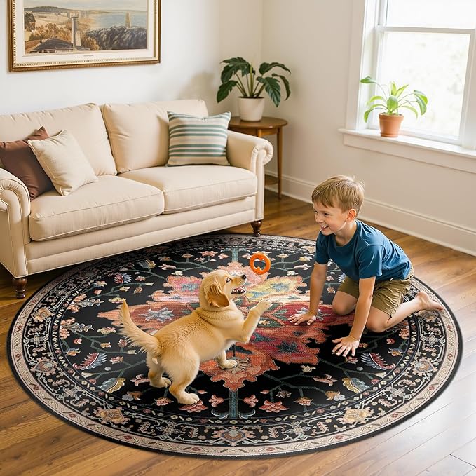 Area Rugs 5ft Washable Non-Slip, Floral Vintage Distress Print Pattern Medallion Carpet for Living Room Bedroom Dining Room, Black Colorful Floral Dark Tan