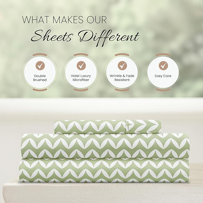 Linen Market Double-Brushed Patterned Microfiber Twin Sheet Set 3 Piece – Oeko-TEX Certified Ultra Soft & Wrinkle-Free - 16" Deep Pocket Sheets - Easy Care Twin Size - Puffed Chevron Sage