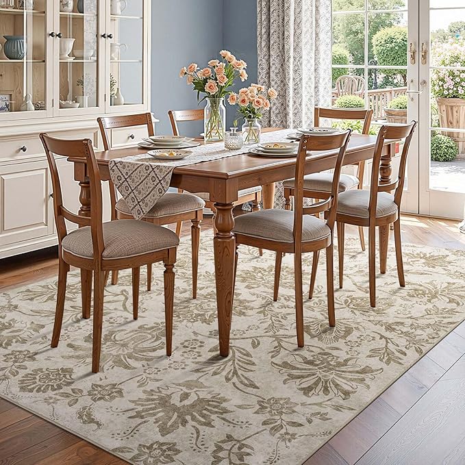 jinchan Torino Floral 8x10 Area Rugs, Vintage-Inspired Neutral Design Accent Living Room Rug, Machine Washable Ultra-Thin Low-Pile Non-Slip Traditional Carpet for Bedroom Home Office, Taupe