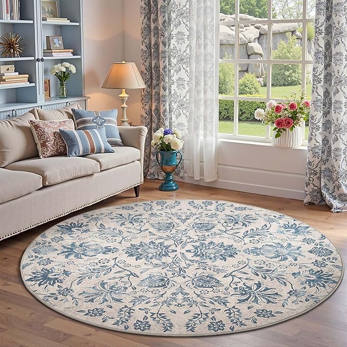 jinchan Torino Classic Floral Round Rug 6ft, Vintage-Inspired Design 6’Circle Rug, Machine Washable Ultra-Thin Low-Pile Non-Slip Indoor Carpet for Bedroom Dining Room Living Room Entryway, Dark Blue